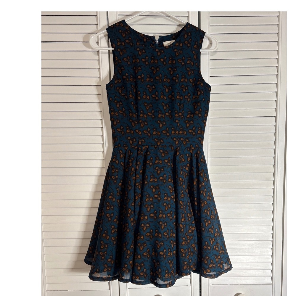 Maison Jules Teal Blue Butterfly Print Fit and Flare Mini Dress XS FA16 0615